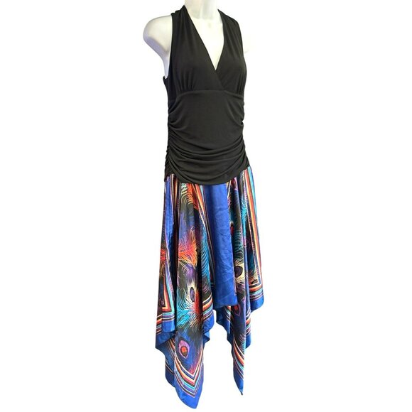 Y2K I.N. Studio Black Halter Multicolored Peacock Print Asymmetrical Hem Size 12 - Picture 2 of 7